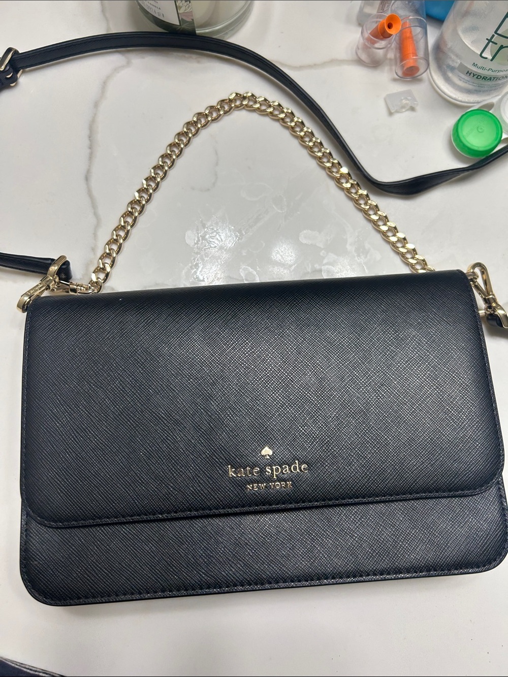 kate spade Black Saffiano Leather Crossbody with Gold Chain